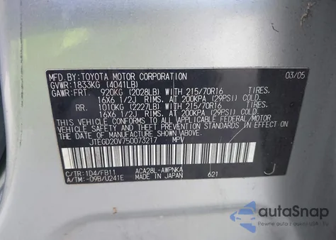 2005 Toyota Rav4 z USA, uszkodzony, nr VIN JTEGD20V750073217